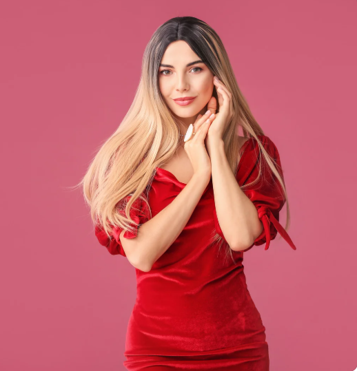 woman in red dress and long blonde wig
